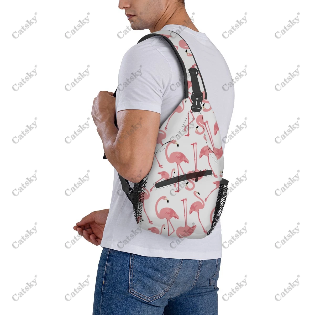 Flamingo Pattern Men\'s casual slanted shoulder bag chest bag large capacity printed sports storage women crossbody bag