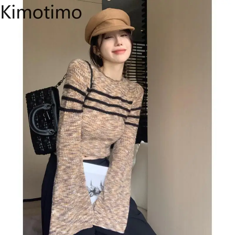 

Kimotimo Vintage Striped Flare Sleeve Sweater Women Autumn Winter O-Neck Slim Fit Spicy Girls Pullover Fashion Y2k Knitwear Top