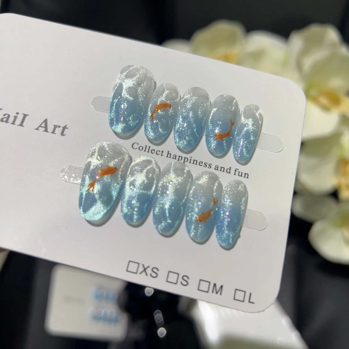 10pcs High-end The gentle water ripples on the French glacier blue ocean bottom gradually change with koi fish tails and cat eye