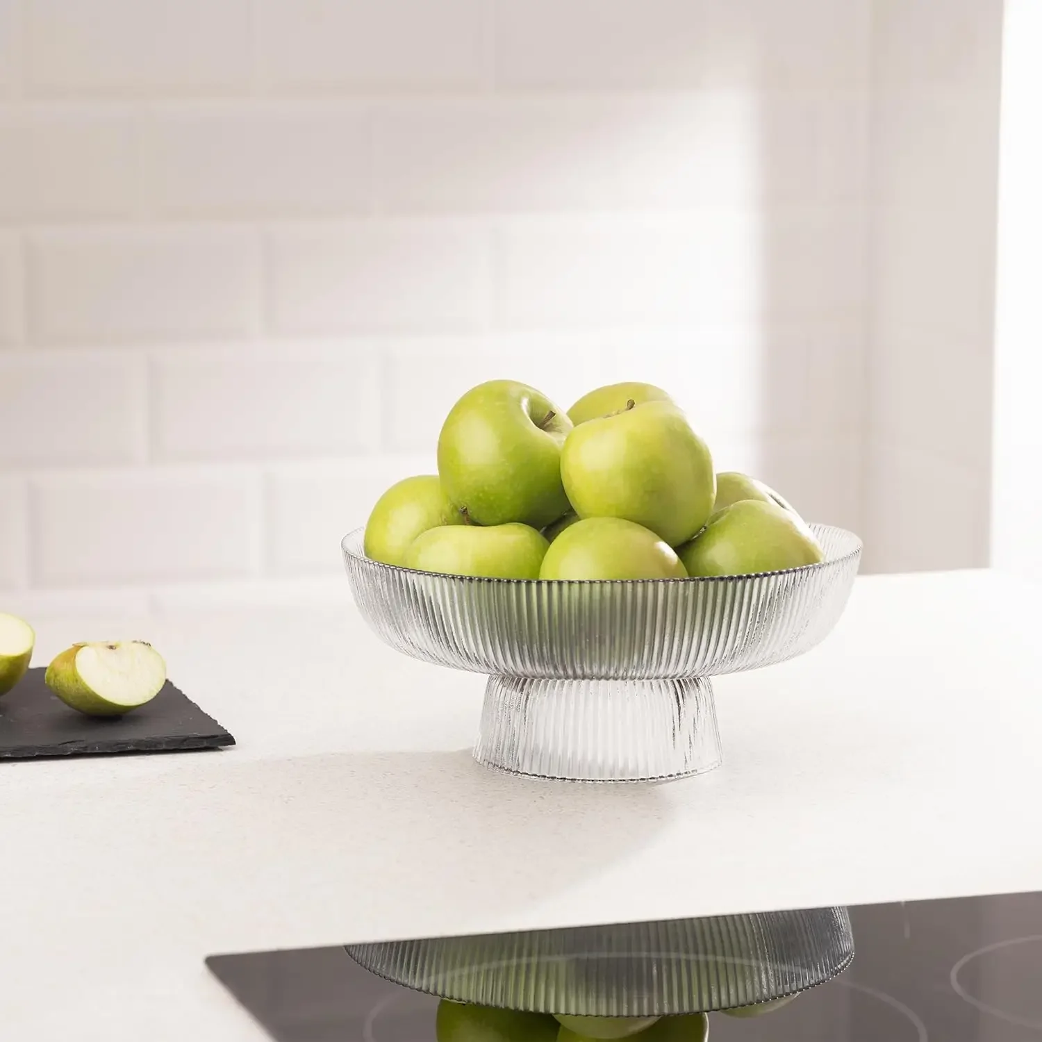 Glass Fruit Bowl - Decorative Fluted Transparent Glass Bowl for Fruit Snacks Sweets - 26cm Diameter Table Centerpiece Dish