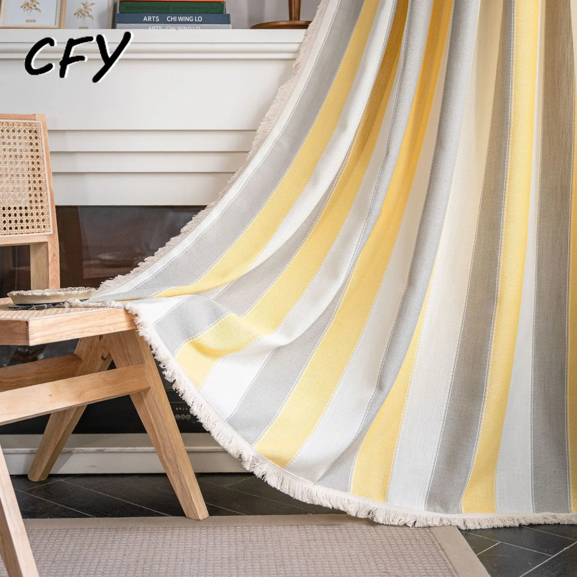 

Cotton Linen yellow grep Stripe Curtain Thick with Tassels Curtains for Living Room Kitchen Valance for The Luxury Living Room