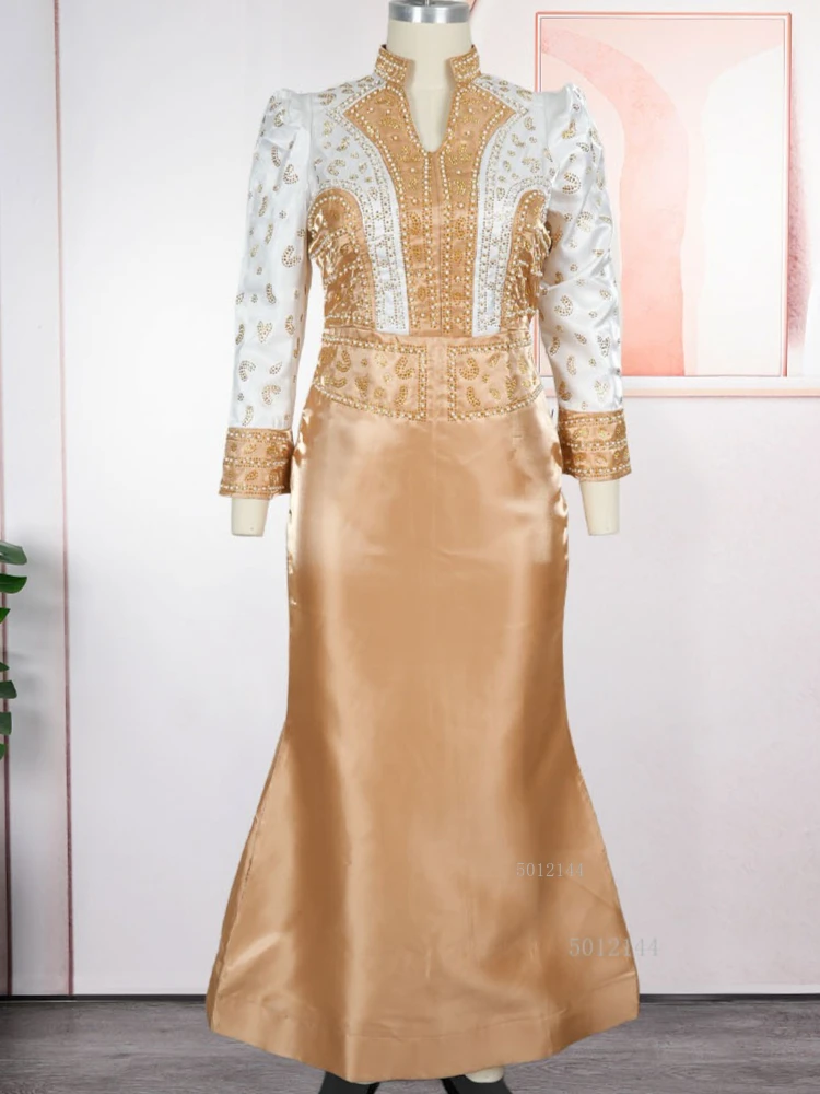 

2025 African Dresses For Woman Plus Size Stand Collar Turkey Dress Mermaid Maxi Gown Luxury Party Wedding Bubu Africa Clothing