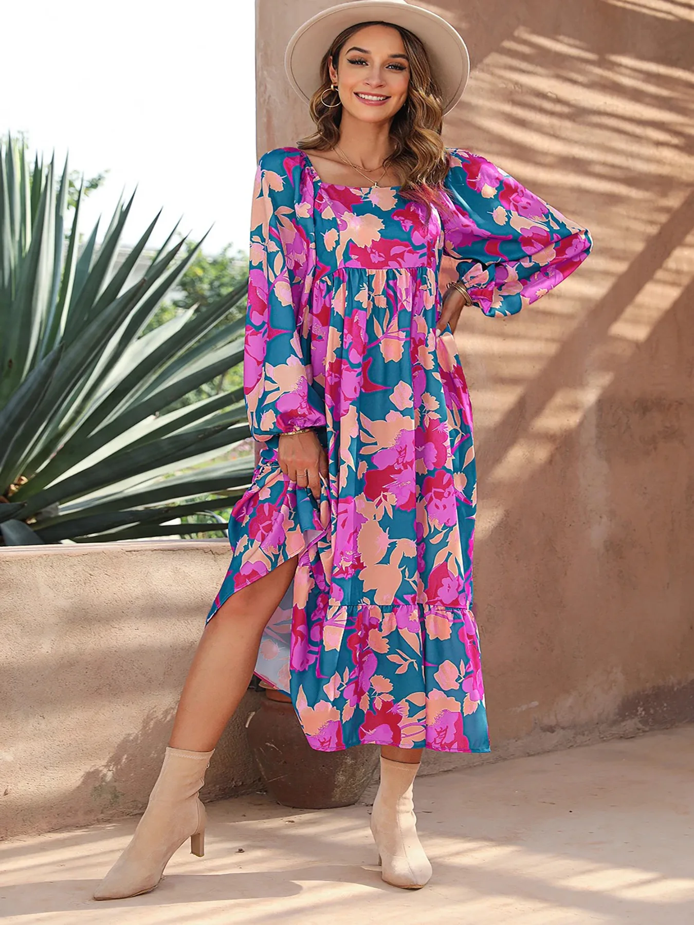 2024 New Bohemian Maxi Dress Floral Square Neck High Waist Maxi Dress Random Prints