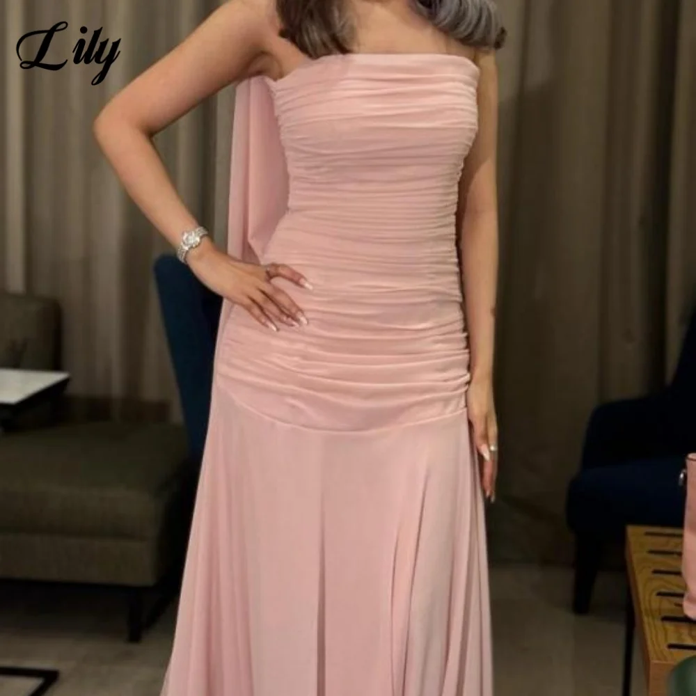 Lily Simple Blush Evening Gown Strapless Prom Dress with Scarf Pleats Satin Evening Dress Sleeveless robes de soirée Customized