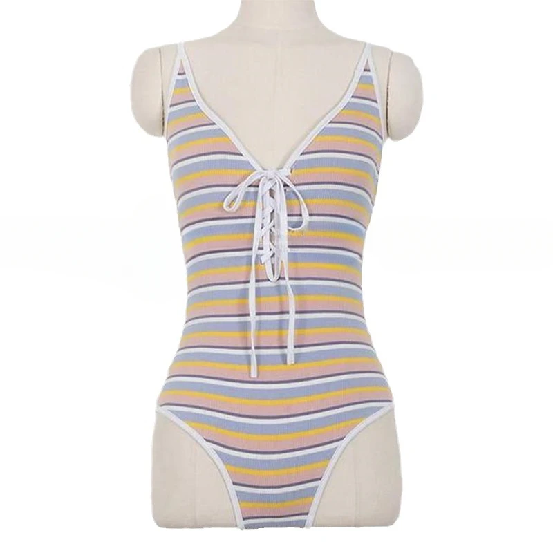 Beach Style Fashion Women's Bikini Striped V-Neck Gathering Halter Tie Backless Slim Female Swimwear Summer Trendy 2024 Swimsuit