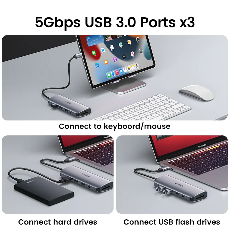 Imagem -05 - Ugreen-usb c Hub para Laptop Macbook Ipad Sumsang pc Tablet Telefone Divisor Usb 10 em 4k Hdmi Rj45 Ethernet Pd100w sd e tf