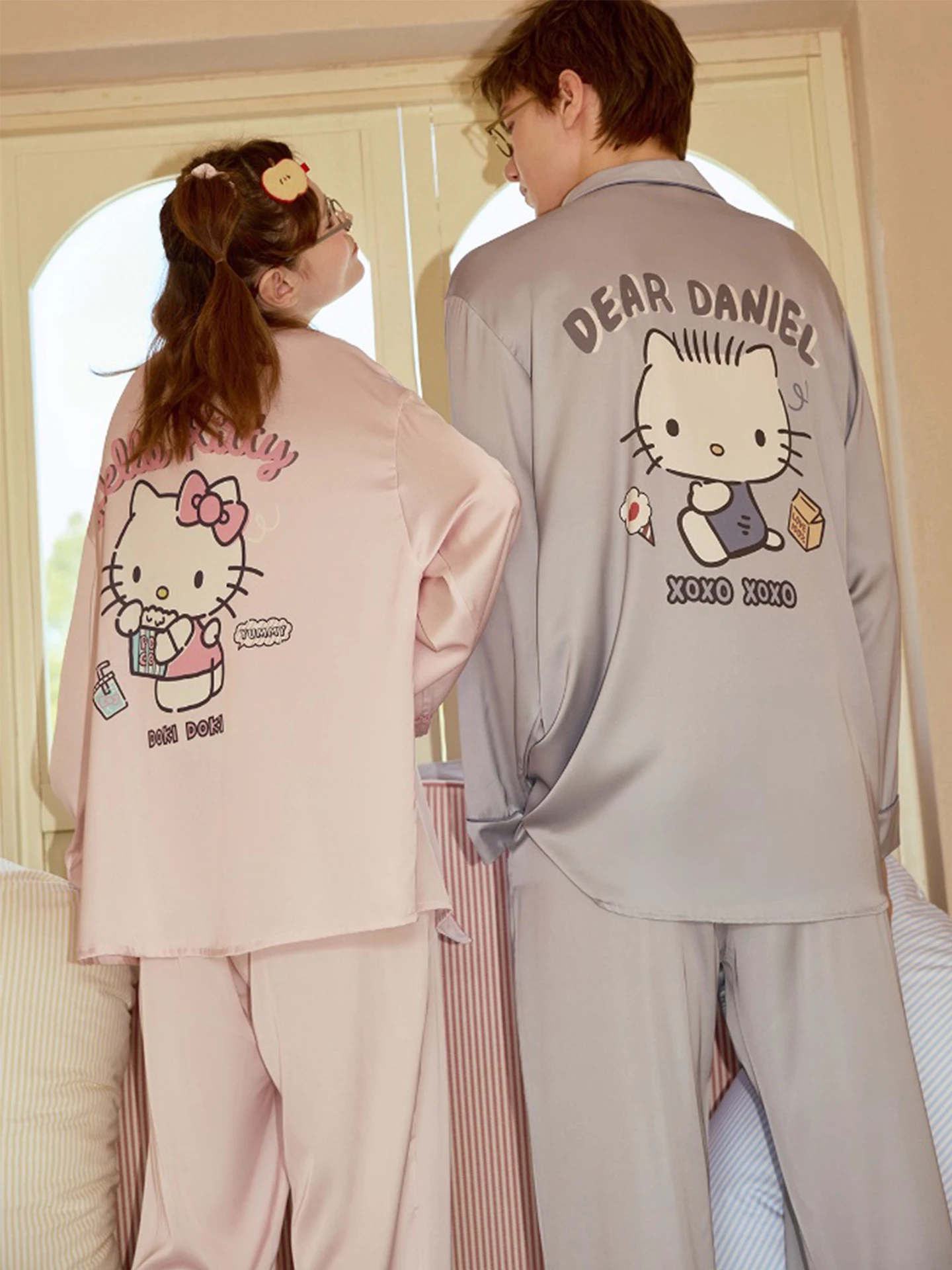 ハローキティ-カップルパジャマ-アイスシルクセット-レディース-冷感-ホームウェア-長袖-長ズボン-快適な柔らかい生地