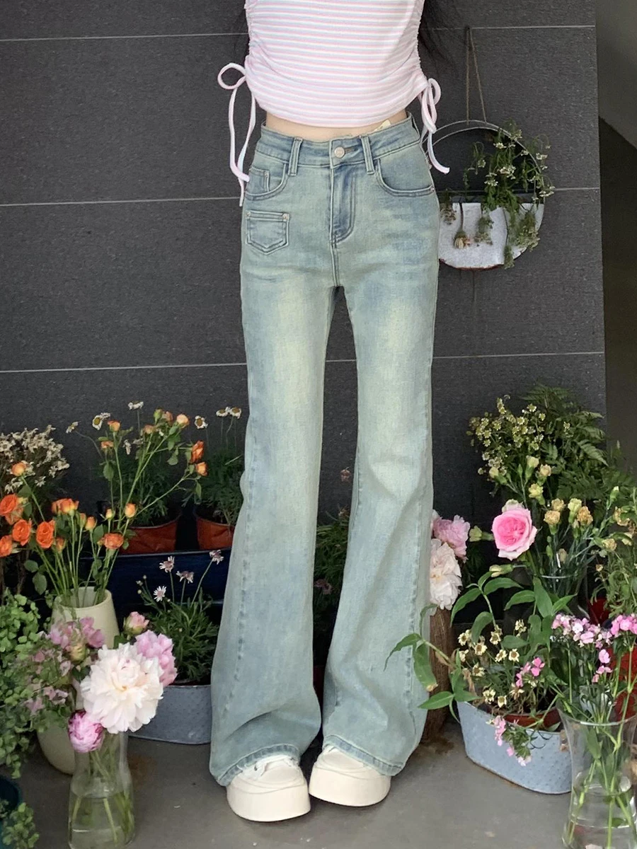 

Светло-голубые винтажные эластичные мягкие джинсы-клеш для женщин, весенне-осенние, утягивающие, с микро-расклешением, из хлопкового стрейч-денима