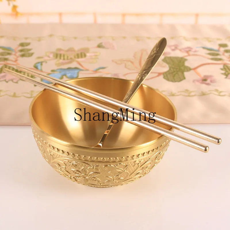 DSA high-grade brass bowl handmade pure copper thickened copper bowl chopsticks spoon household gift engraving gold rice bowl