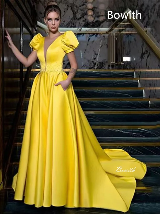 

Bowith Yellow V Neck Sexy Evening Party Dresses for Women Fashion High Waist Puff Sleeve Women's Dress Elegant Train Prom Gown