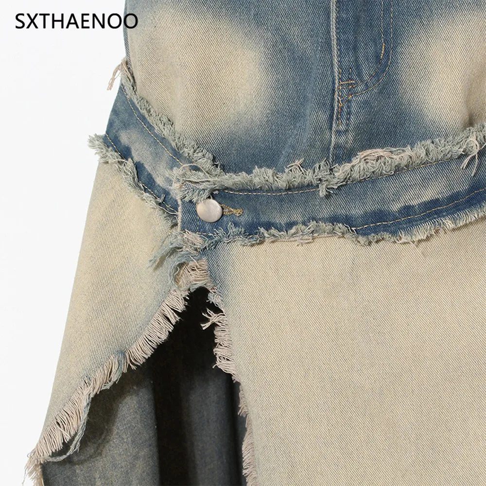 Sxthaenoo azul bainha irregular vintage denim rebarba casual meio corpo saia de cintura alta moda feminina maré nova primavera outono 2025