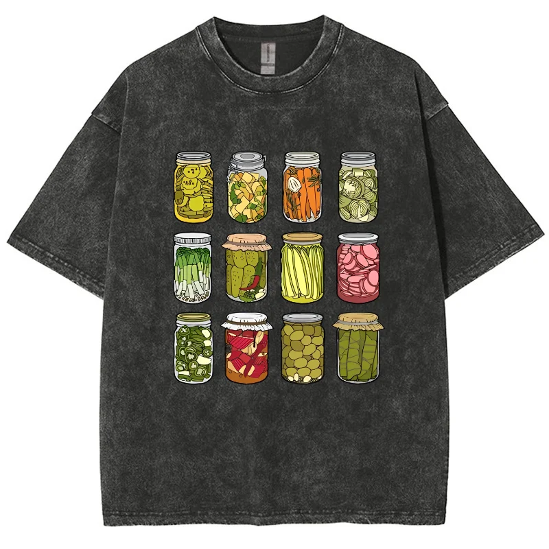 Cartoon Canned Pickle Print Women's T-Shirt Washed Cotton Vintage Crew Neck Short Sleeve Casual Fashion Design Top Basic Tees image 3