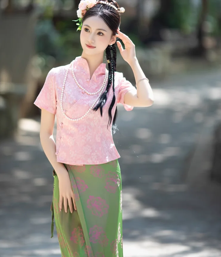 

Chinese Style National Style Pink Purple Dai Ethnic Clothing Set