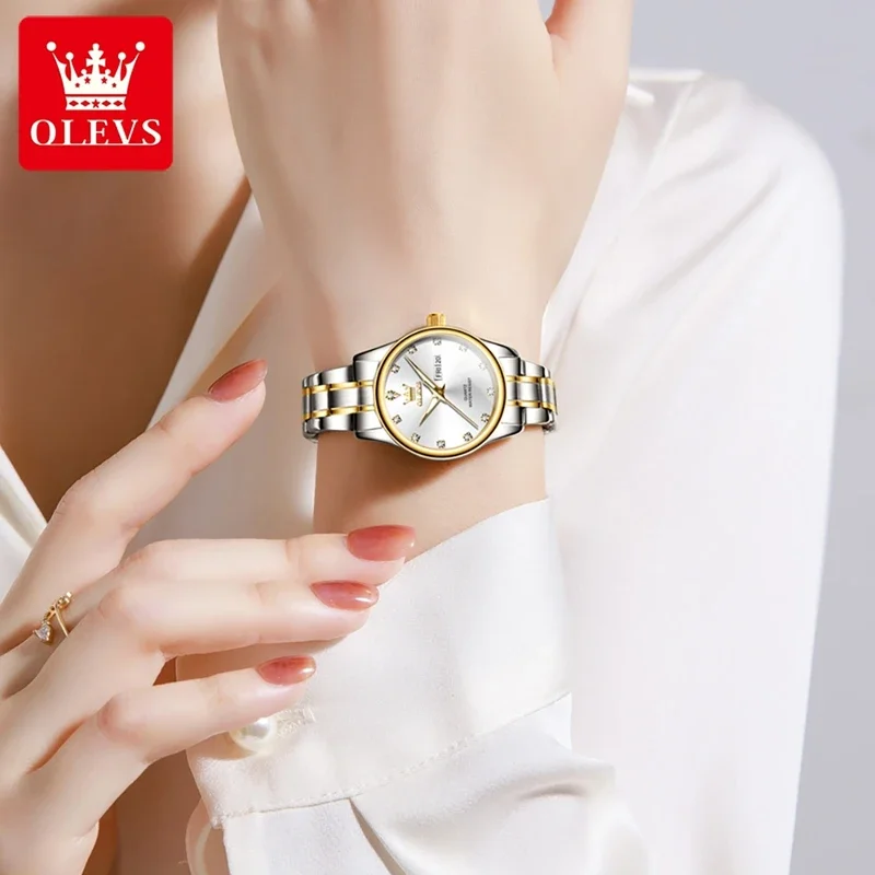 Olevs 3612 elegant quartz ladies watch week calendar display dress watch women waterproof stainless steel clock