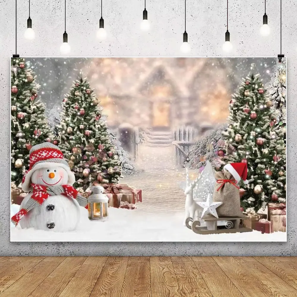 Old Brick Fireplace Christmas Tree Gift Teddy Bear Baby Christmas Party Photo Backdrop Photography Background Photo Prop Decor