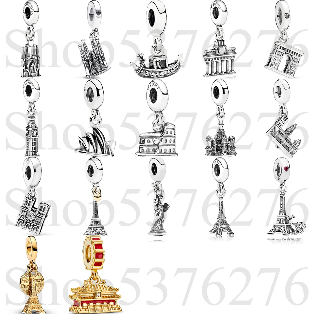 925 Sterling Silver Bead Venice Gondol Boat Paris Eiffel Tower Dangle Charm Fit Pandora Women Bracelet Bangle Gift DIY Jewelry