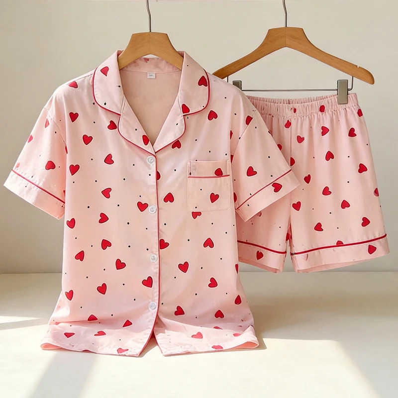 French Style Sweet Polka Dot Heart Print Sleepwear Homewear Women's Summer New Style Love Short Sleeved Shorts Student Nightwear