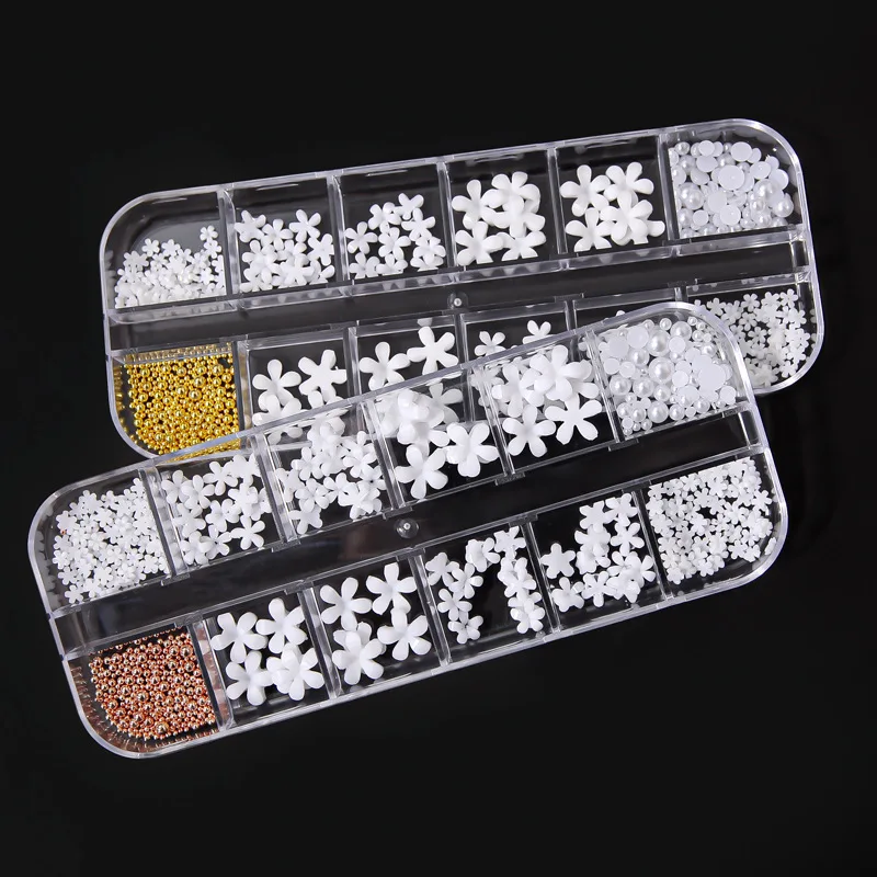 2Packs  mix size white flower Nail Art Decoration  nail rhinestones  NAIL Crystal  Nail steel ball