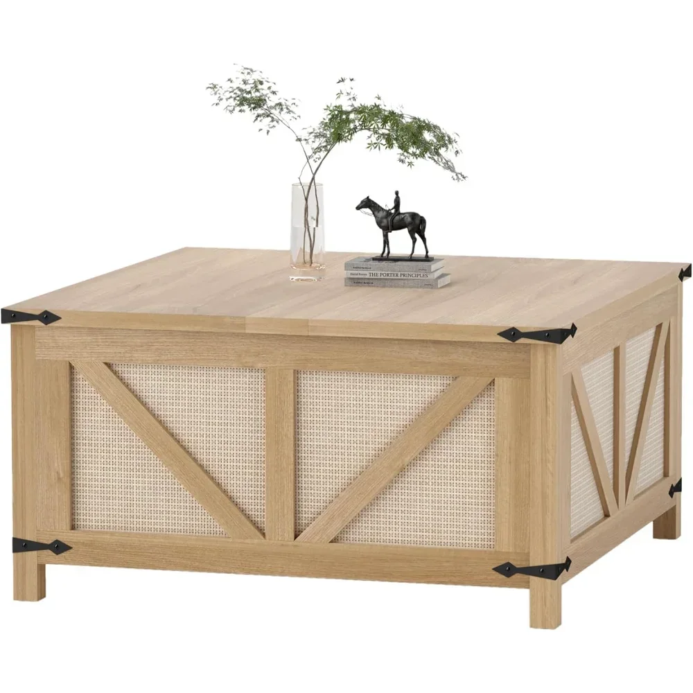 Square Rattan Lift Top Coffee Table with Large Hidden Storage Farmhouse Style Center Table for Living Room And Home Office,Custo