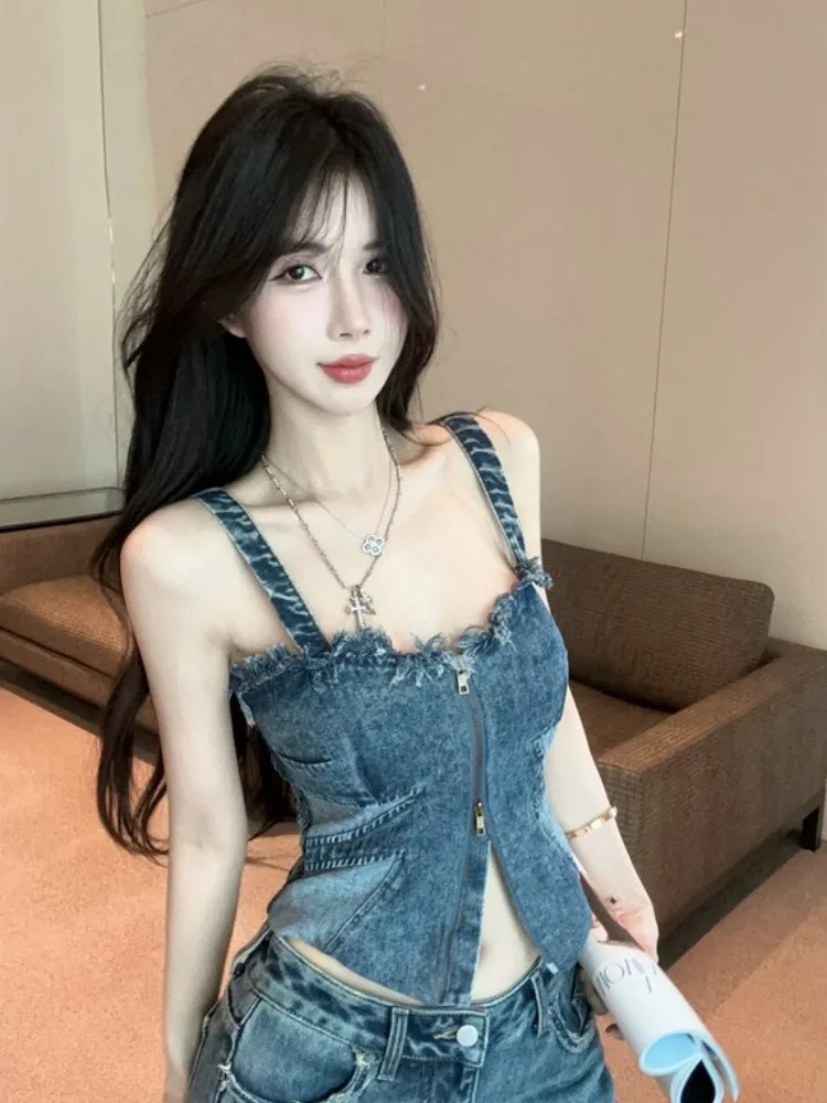 

Ретро-американский джинсовый жилет на бретелях для женщин, летний, для активного отдыха, стильный, облегающий, укороченный топ-бюстье