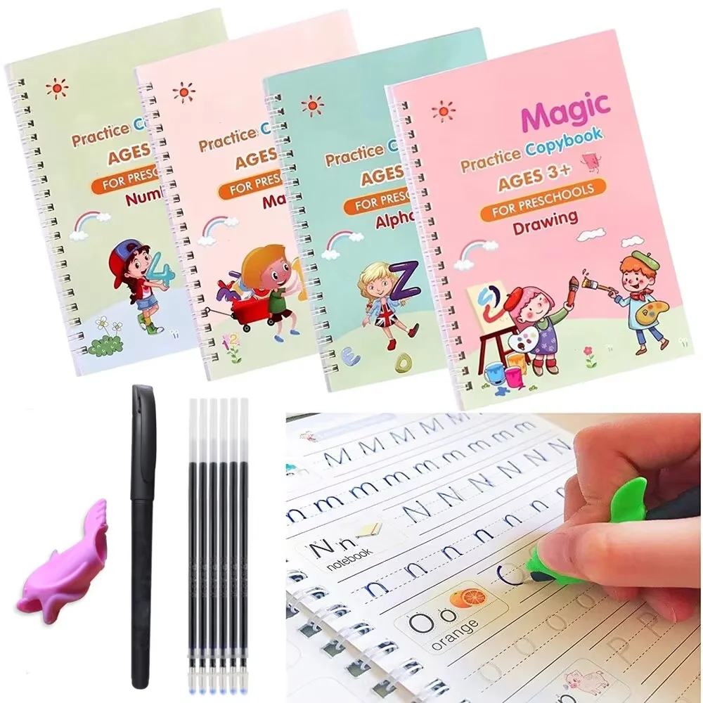 4 หนังสือปากกา Magic Writing Book การประดิษฐ์ตัวอักษรโน้ตบุ๊ค Montessori เด็ก Reusable การศึกษา Calligraphic Letter Practice ของเล่น