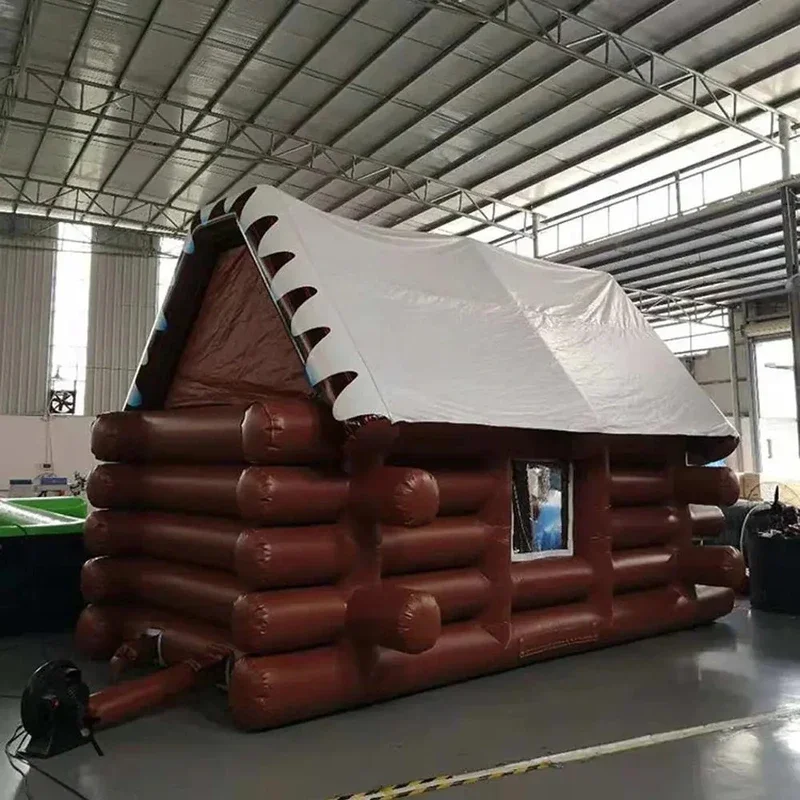 Bruine opblaasbare houtcabine Winterhuiscabinetent met wit dak Outdoor Ski Lodge Ierse pubbar voor feestevenementreclame