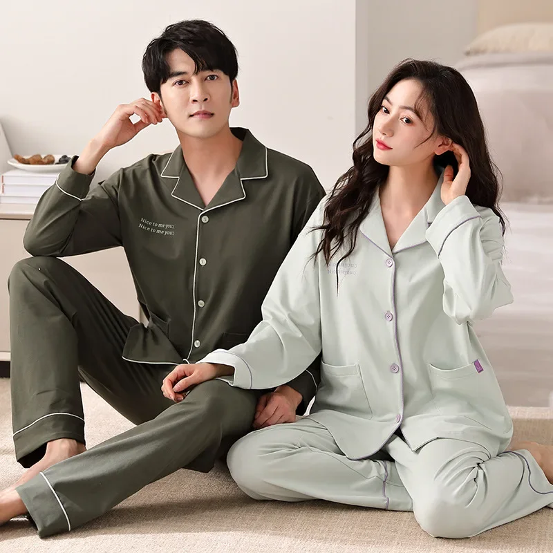 Cotton Couple Pajamas Spring Cotton Long Sleeve Man And Woman Autumn Cardigan Homewear Big Size M-3XL Pjs Young Boy Girl Pyjamas