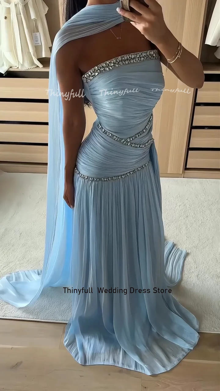 Thinyfull Mermaid Sleeveless Prom Dresses Strapless Crystals Shiny Satin Evening Dress Party Gown Robe De Soirée Customized