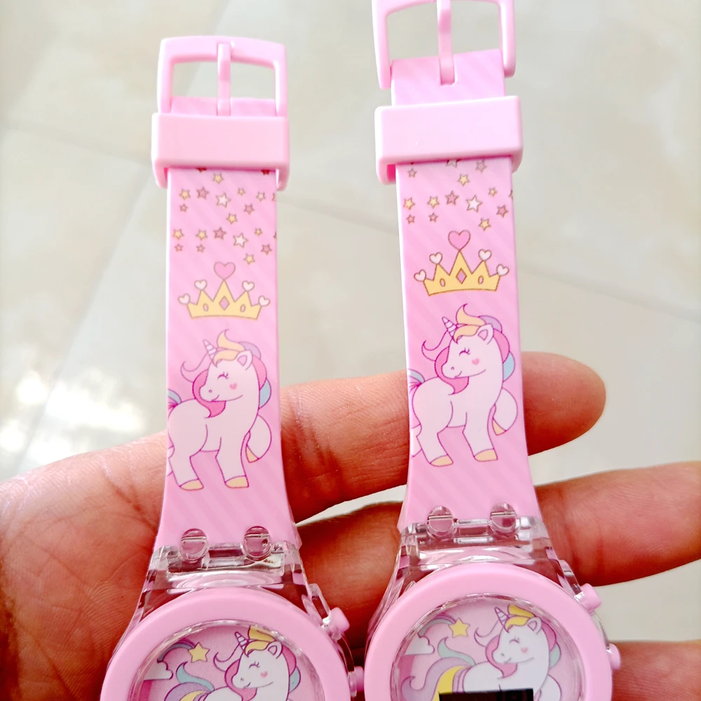 Cartoon Unicorn Collection Rainbow Printed Rubber Girls Kids Children Students Digital Flash Light Glow Up Party Gifts Watches