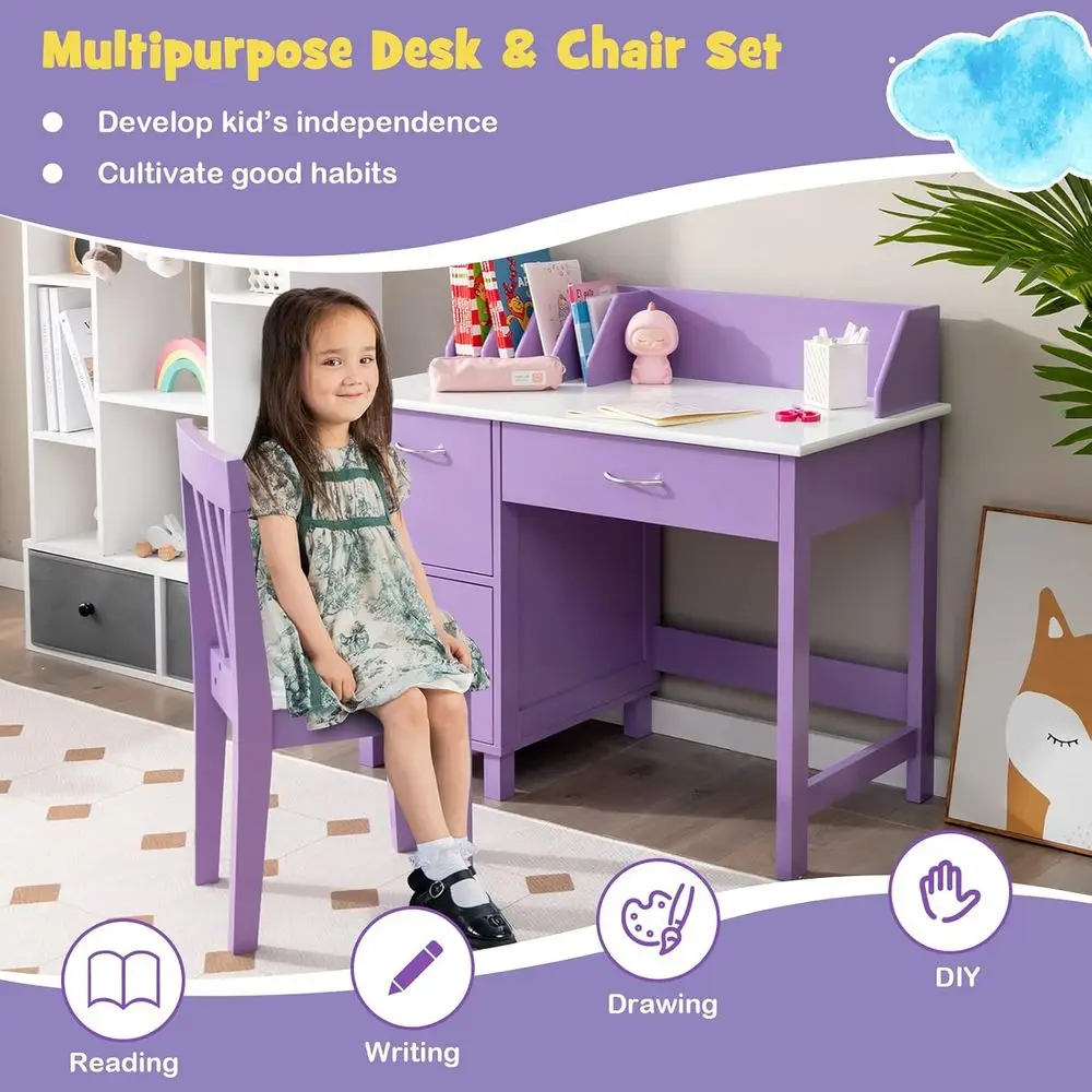 Kids Desk and Chair Set, Children Wooden School Learning Table w/Der & Storage Cabi, Student Writing Computer Workstation or Bed