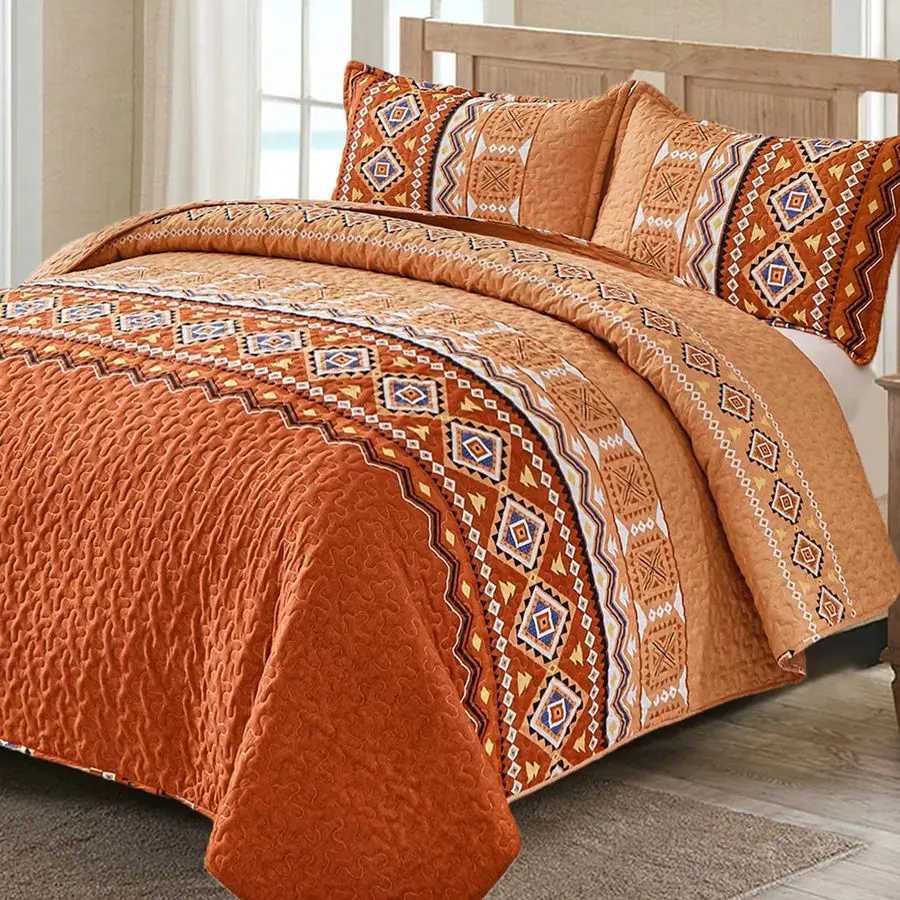 

3 Pieces Quilt Set Queen Size, Burnt Orange Rust Thanksgiving Quilt Bedspread Bohemian Coverlet Set with 2 Pillowcase, Fall Soft