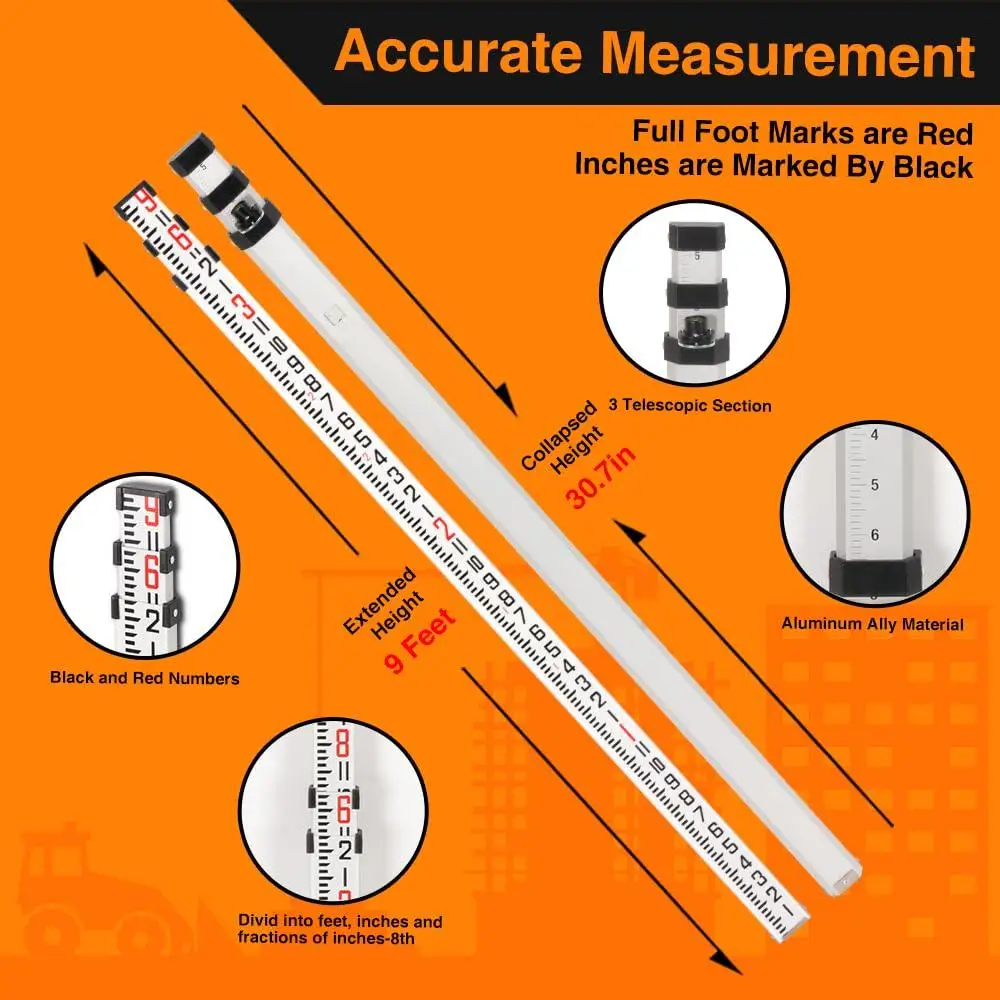 Aluminum Grade Rod 9ft with Carrying Case and Level Durable Lightweight Extendable Surveying Tool Maximum Visibility and Easy to