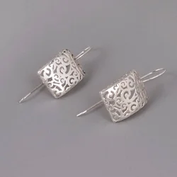 Fashion Geometric Hollow Pendant Earrings Fashionable Metal Silver Color Plating Carving Patterns Party Wedding Earrings Jewelry