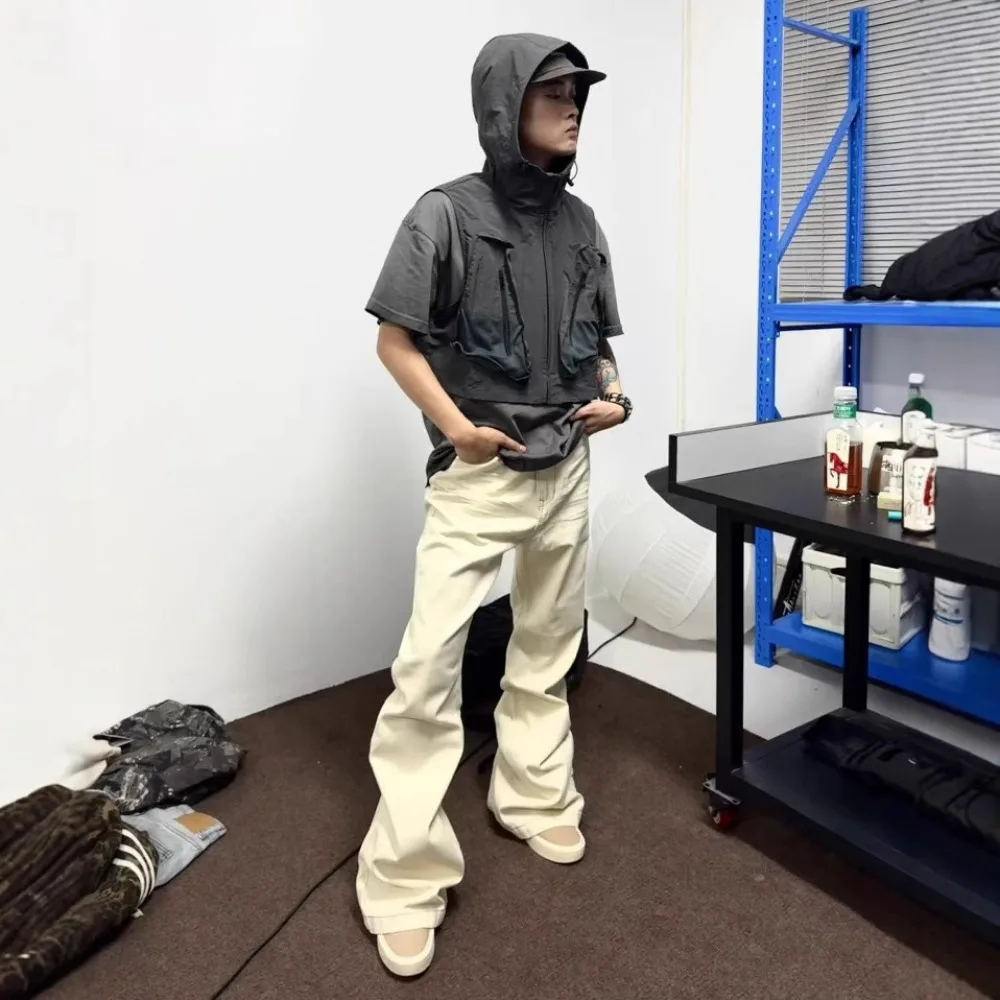 Calça jeans escura estilo ro de rua alta masculina, alta elasticidade, esfregão de chão, bege, chifre escovado, calças justas e largas