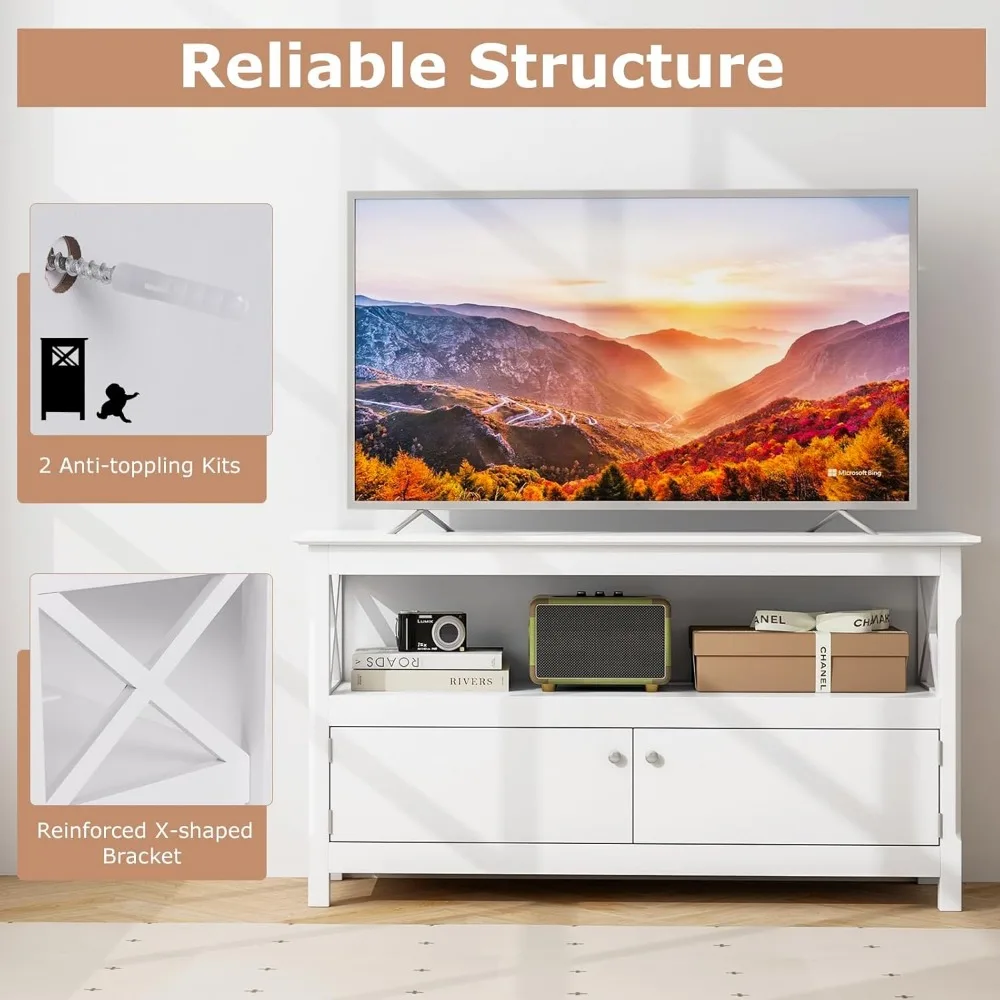 حامل تلفزيون مع مخرج طاقة لأجهزة التلفاز حتى 50 بوصة، مركز ترفيه مع خزانة ببابين، رف تخزين، فتحتان كابلات، مودر