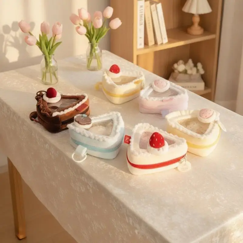 1Pcs Strawberry Cake Shape Display Bag Cute Storage Pouch With Clear Window Heart Keychain Charm For Anime Kpop Merch Collection