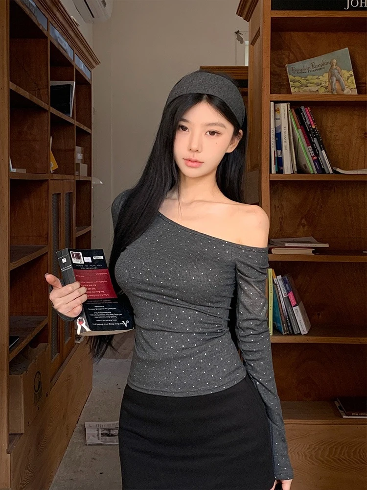 

Wave Point Inclined Shoulder Long Sleeve T-shirt Women 2025 Spring Summer Korean Style Leisure Tops Lady Sexy Slim Thin T-shirt