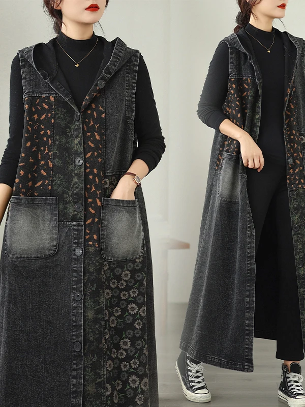 

plus Size Women's Retro Loose Denim Vest with Hat Color Blo Long Casual Denim Vest Jaet Commute Sle Single Button Closure