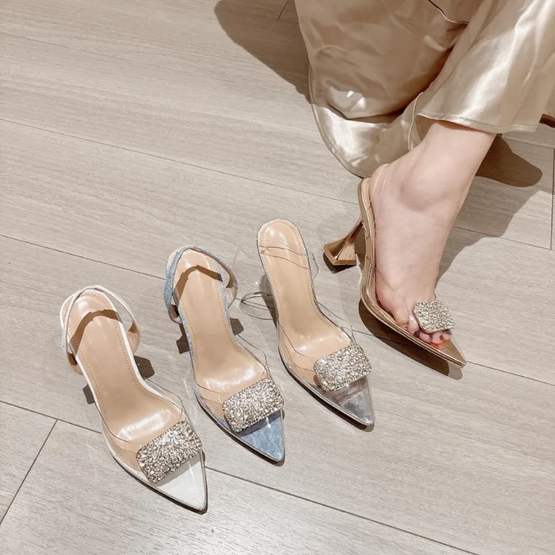 

Summer Women's Sandals Luxury Transparent Rhinestone High Heels Designer Banquet Shoes for Women French Bridal Wedding Shoes New