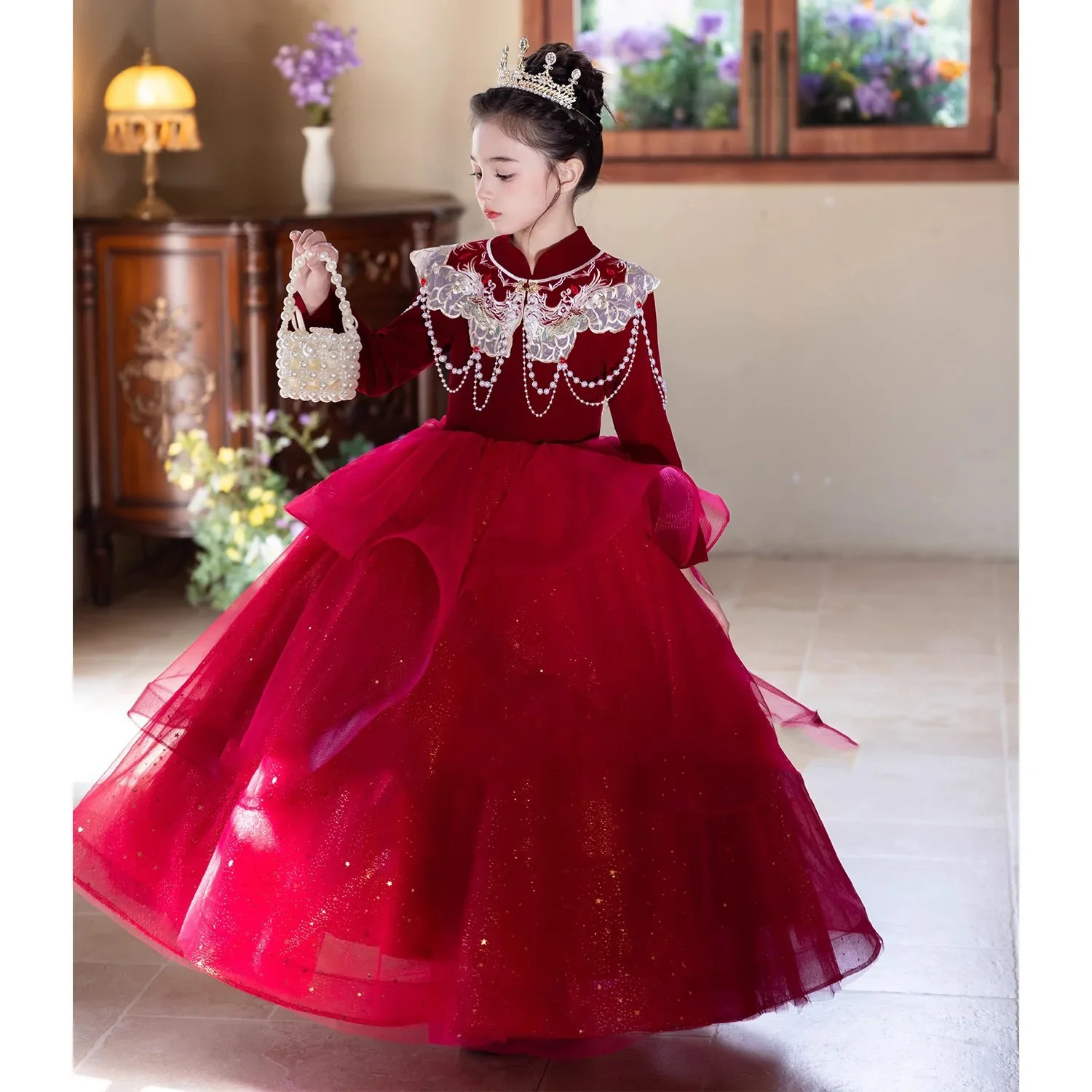 

Red Wine Color Wedding Flower Girl Stand Collar Long Sleeves Girl Elegant Evening Dresses Child Party Gown New Years Clothing