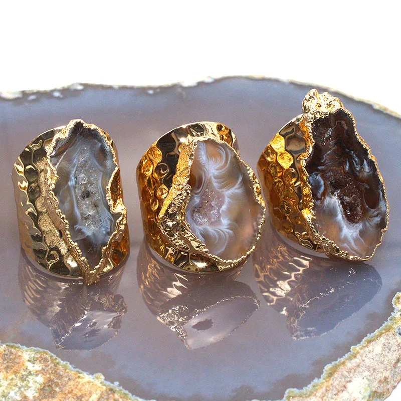 

Handmade genuine jewelry irregular agate crystal hole ring natural rough stone plated ring natural stone cross-border j