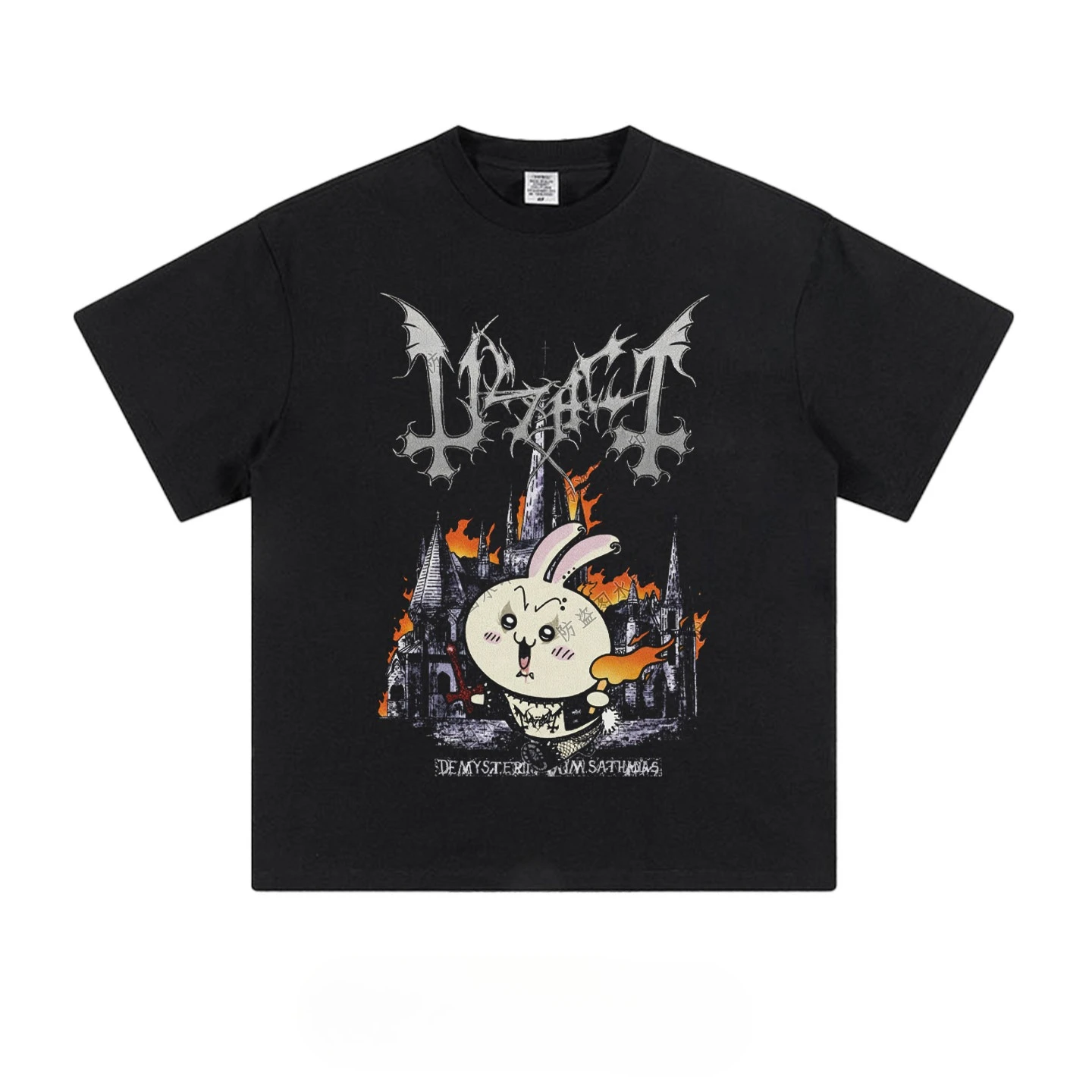 Chiikawa Usagi Black Metal T Shirt Men Gothic Castle Fire Print Short Sleeve Tee Y2K Dark Punk Rock Oversized Cotton T-shirt