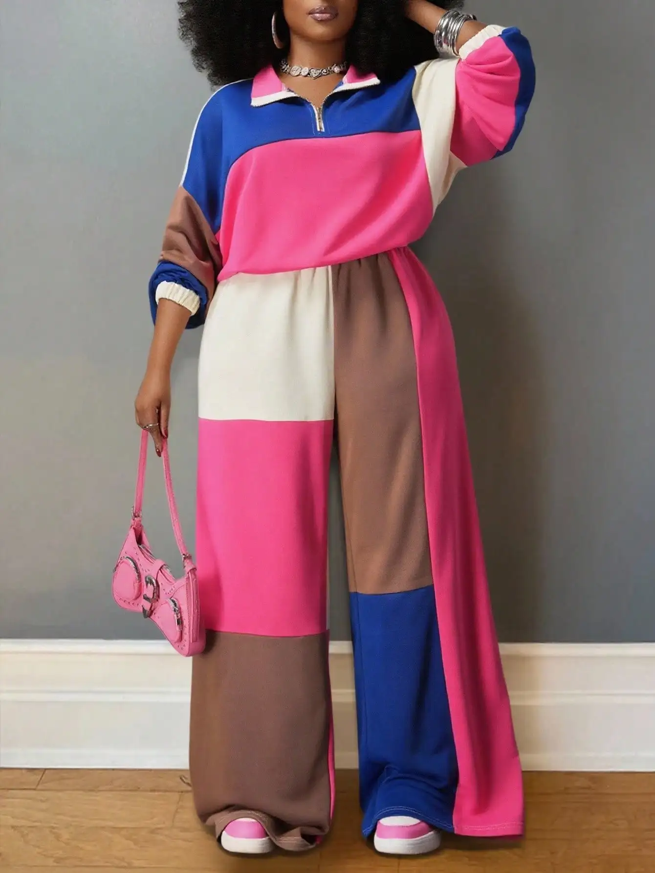 

Colorblock Loose Fit Half-Zip Pullover & Wide Leg Pants Set for Women, Casual Streetwear Outfit