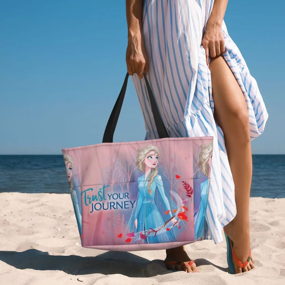 Custom Elsa Princess Frozen Beach Tote Bag Women Extra Large Gym Carry On Animated Movie Travel Shopping Bags