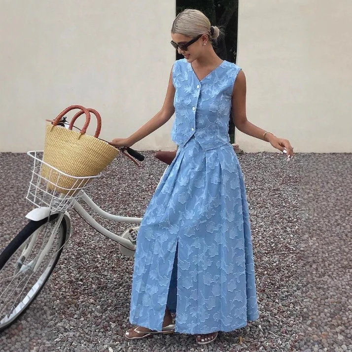 Suit Women's 2025 Casual Fashion Foreign Style Jacquard Vest Waist Skirt Long Dress