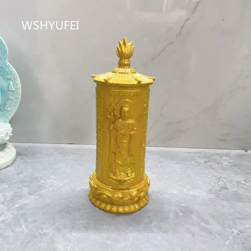 Golden Resin Ksitigarbha Buddha Sutra Pillar Statue Buddhist Scripture Tower Home Altar Worship Decor Religious Ornament