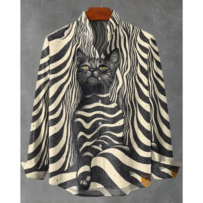 Muzułmańska Odzież Męska Jesień Najlepiej Sprzedająca się Męska Koszula Lniana z Długim Rękawem z Retro Nadrukiem Kotka Ropa Hombre