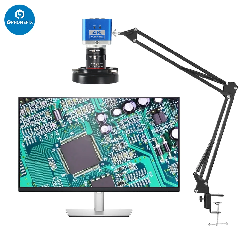 4K UHD 60FPS HDMI Industrial Video Digital Microscope Camera With Stand 3MP 6-12mm F1.6 Low Distortion Lens for Repair Soldering