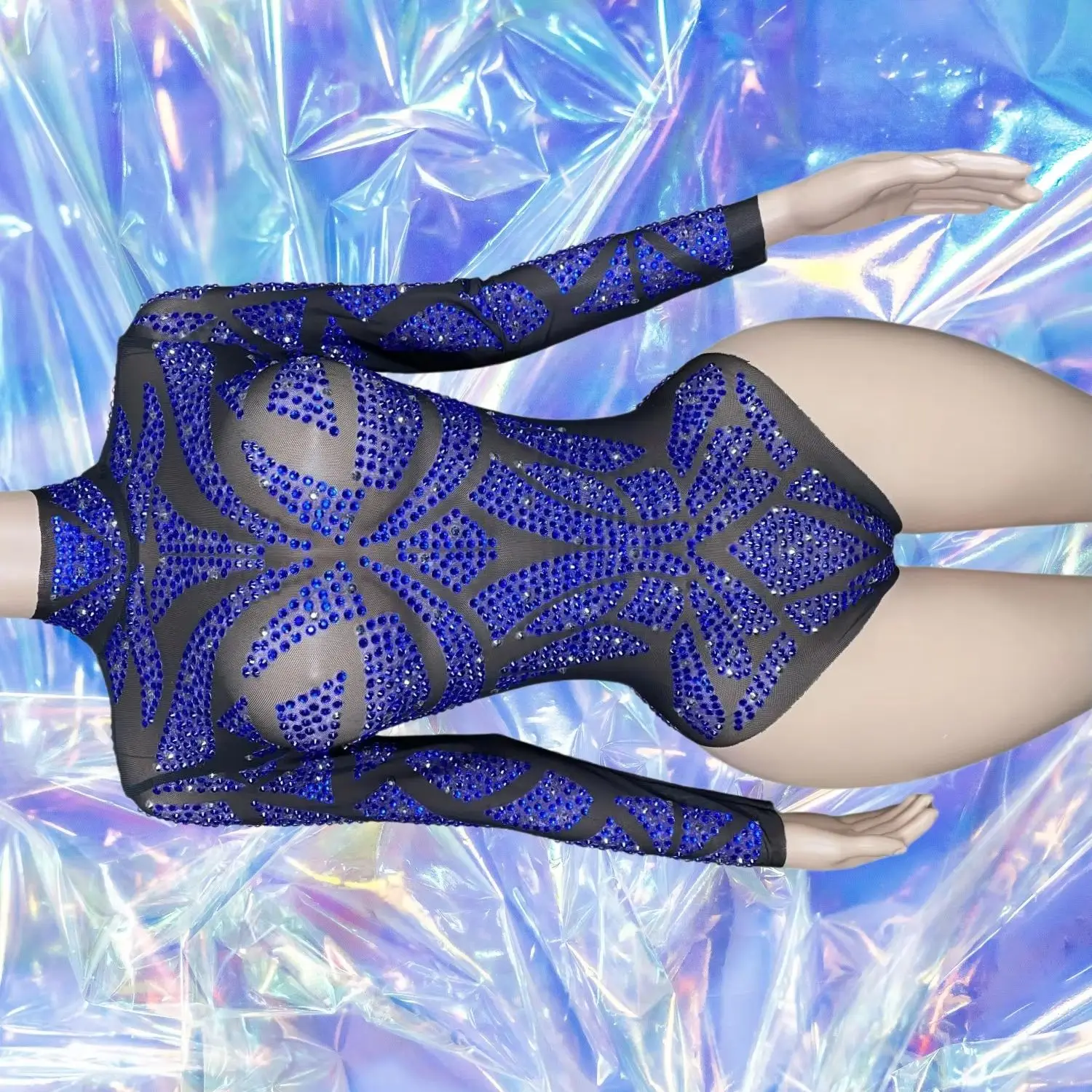 Sparkly Blue Rhinestone Leotard Women Sexy Singer Dancer Performance Jazz Dance Costume Stage Wear Nightclub Party Outfit Yueya