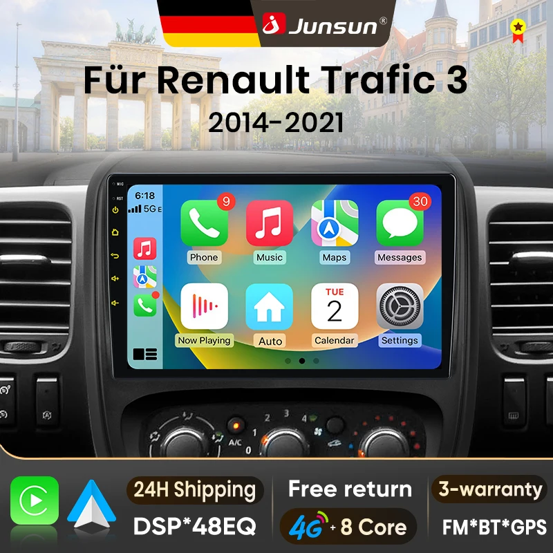 Autoradio Android 15 9 pouces Junsun pour Renault Trafic 3 2014-2021 Vivaro B 2014-2018 avec Apple CarPlay, écran IPS, lecteur multimédia vidéo, système intelligent automobile, autoradio 2 Din, GPS, navigation, BT, 4G, WIFI, FM, DSP, RDS, SWC, DAB+